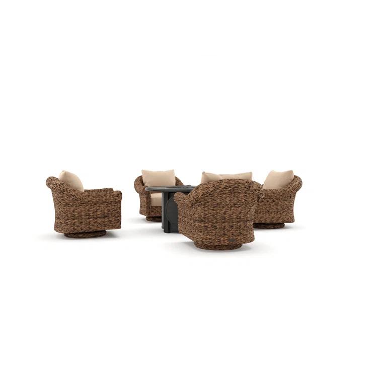 Winston Cayman Swivel Glider Lounge Chair and Fire Pit 5 Piece Rattan Seating Group with Sunbrella Cushions