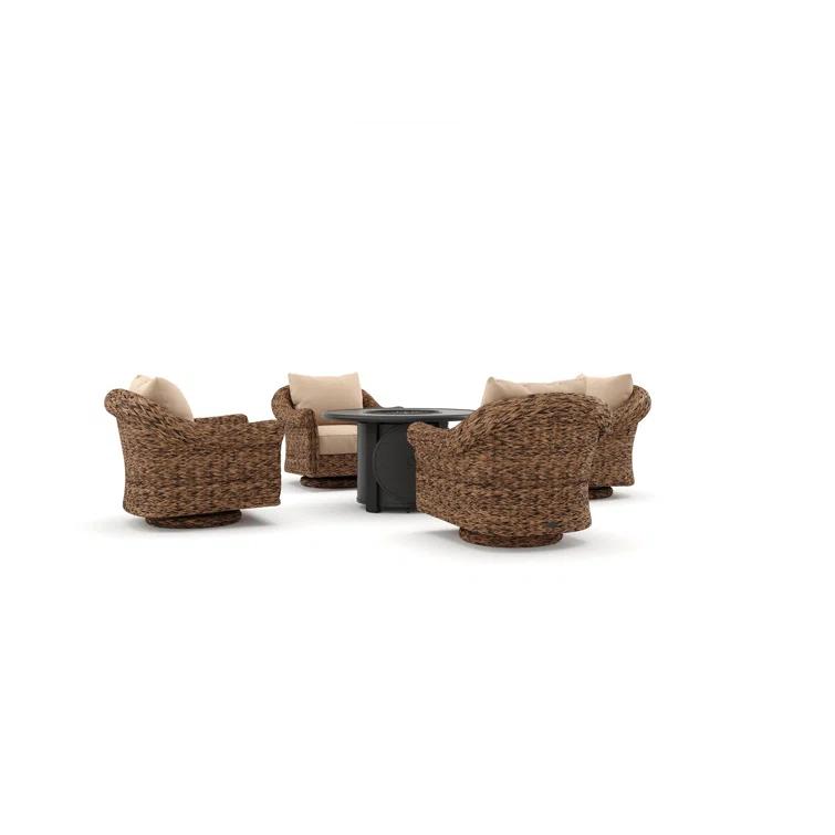 Winston Cayman Swivel Glider Lounge Chair and Fire Pit 5 Piece Rattan Seating Group with Sunbrella Cushions