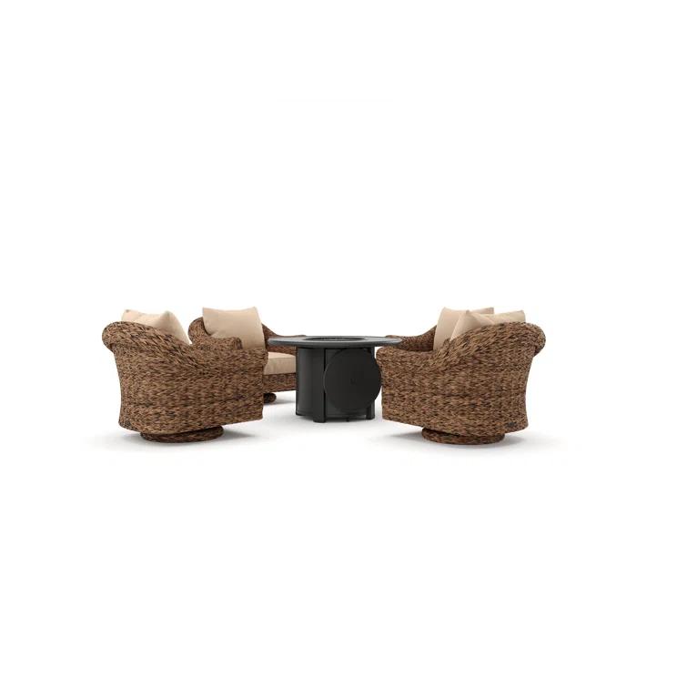 Winston Cayman Swivel Glider Lounge Chair and Fire Pit 5 Piece Rattan Seating Group with Sunbrella Cushions