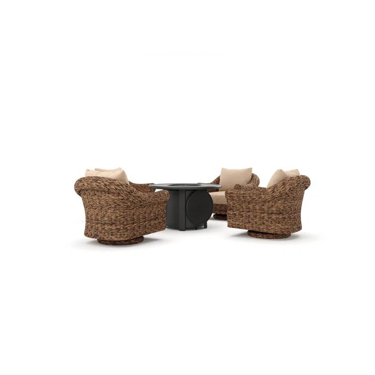 Winston Cayman Swivel Glider Lounge Chair and Fire Pit 5 Piece Rattan Seating Group with Sunbrella Cushions