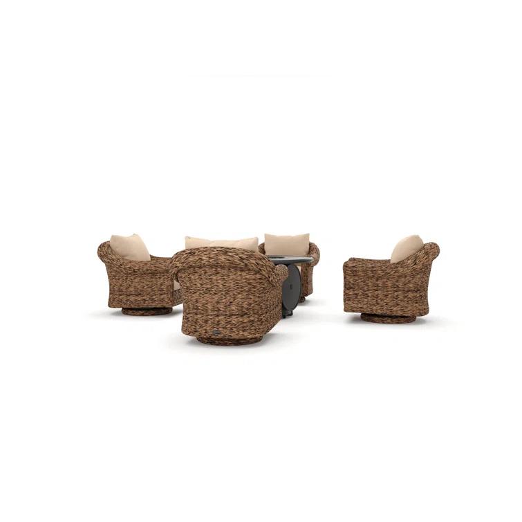 Winston Cayman Swivel Glider Lounge Chair and Fire Pit 5 Piece Rattan Seating Group with Sunbrella Cushions
