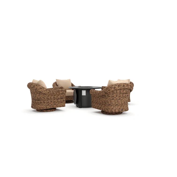 Winston Cayman Swivel Glider Lounge Chair and Fire Pit 5 Piece Rattan Seating Group with Sunbrella Cushions