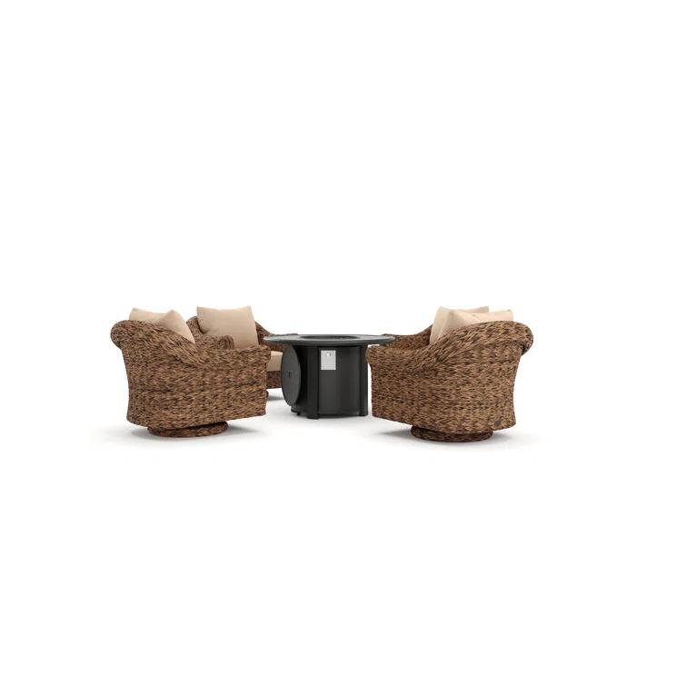 Winston Cayman Swivel Glider Lounge Chair and Fire Pit 5 Piece Rattan Seating Group with Sunbrella Cushions
