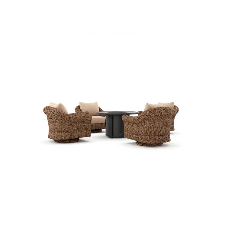 Winston Cayman Swivel Glider Lounge Chair and Fire Pit 5 Piece Rattan Seating Group with Sunbrella Cushions