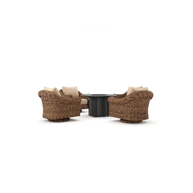 Winston Cayman Swivel Glider Lounge Chair and Fire Pit 5 Piece Rattan Seating Group with Sunbrella Cushions