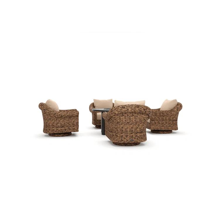 Winston Cayman Swivel Glider Lounge Chair and Fire Pit 5 Piece Rattan Seating Group with Sunbrella Cushions