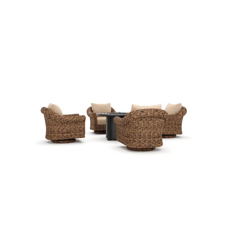 Winston Cayman Swivel Glider Lounge Chair and Fire Pit 5 Piece Rattan Seating Group with Sunbrella Cushions