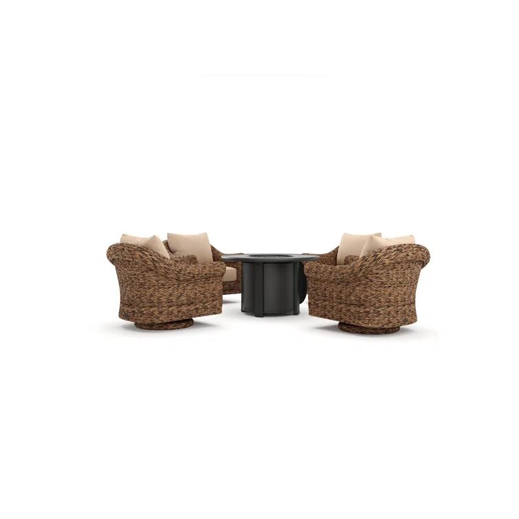 Winston Cayman Swivel Glider Lounge Chair and Fire Pit 5 Piece Rattan Seating Group with Sunbrella Cushions