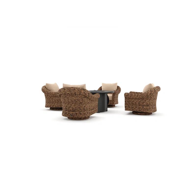 Winston Cayman Swivel Glider Lounge Chair and Fire Pit 5 Piece Rattan Seating Group with Sunbrella Cushions