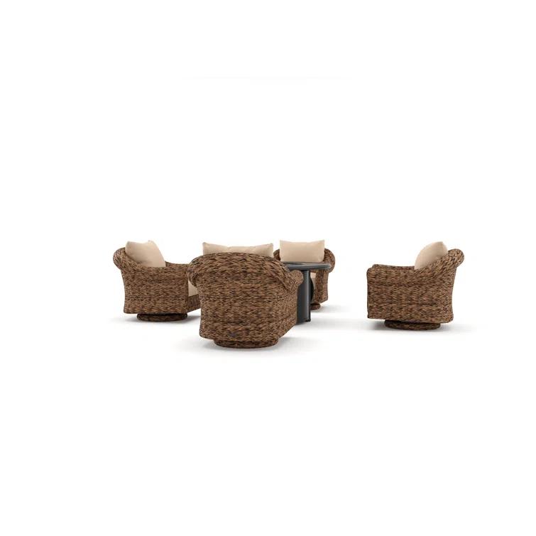 Winston Cayman Swivel Glider Lounge Chair and Fire Pit 5 Piece Rattan Seating Group with Sunbrella Cushions