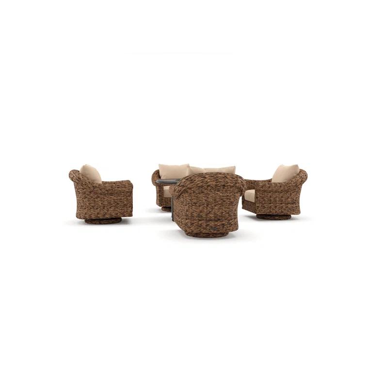 Winston Cayman Swivel Glider Lounge Chair and Fire Pit 5 Piece Rattan Seating Group with Sunbrella Cushions