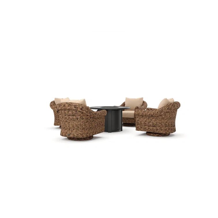 Winston Cayman Swivel Glider Lounge Chair and Fire Pit 5 Piece Rattan Seating Group with Sunbrella Cushions