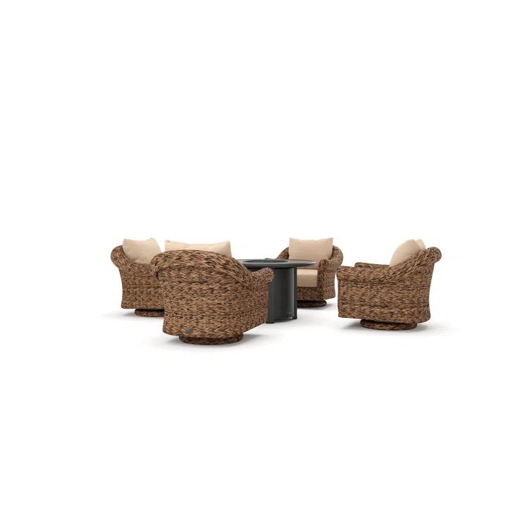 Winston Cayman Swivel Glider Lounge Chair and Fire Pit 5 Piece Rattan Seating Group with Sunbrella Cushions