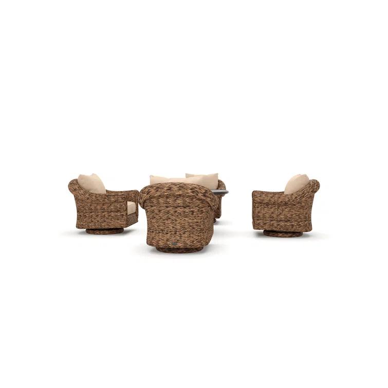 Winston Cayman Swivel Glider Lounge Chair and Fire Pit 5 Piece Rattan Seating Group with Sunbrella Cushions
