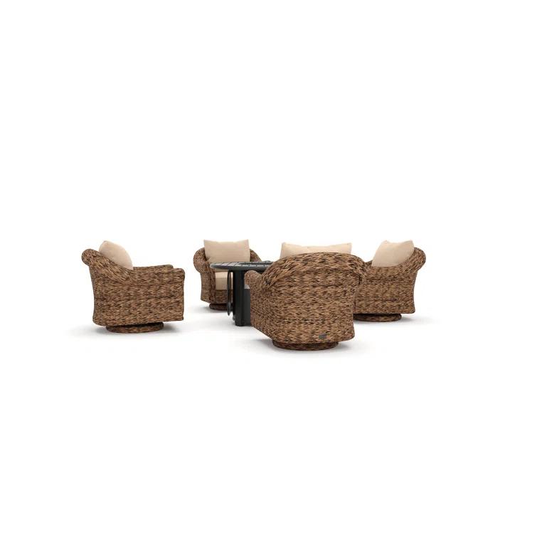 Winston Cayman Swivel Glider Lounge Chair and Fire Pit 5 Piece Rattan Seating Group with Sunbrella Cushions