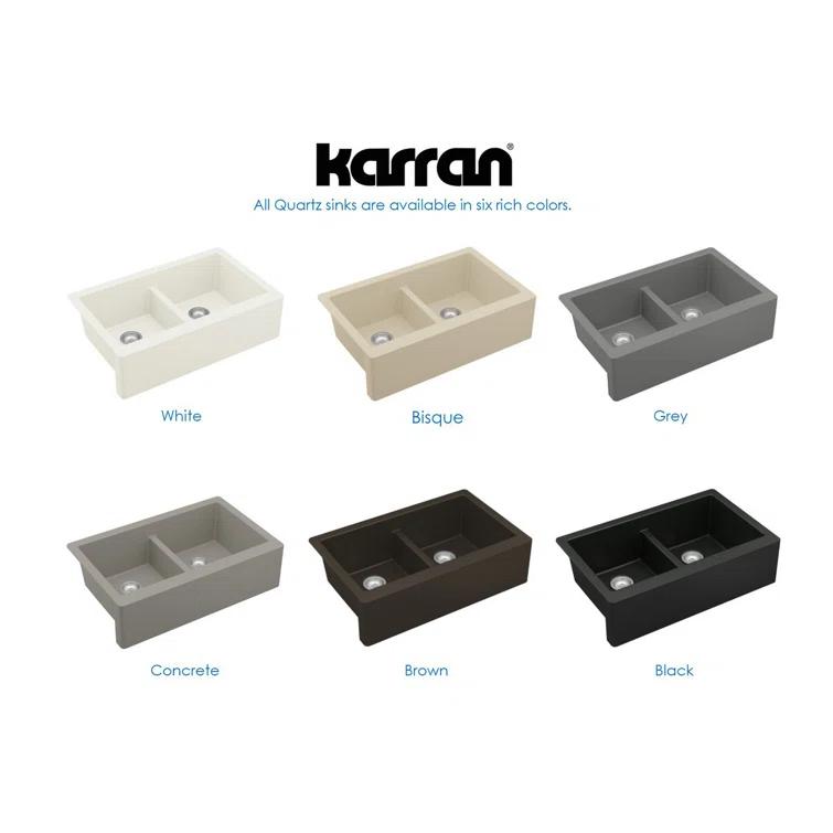 Karran Quartz 34'' X 21-1/4'' 50/50 Double Bowl Farmhouse/Apron Front Kitchen Sink Kit