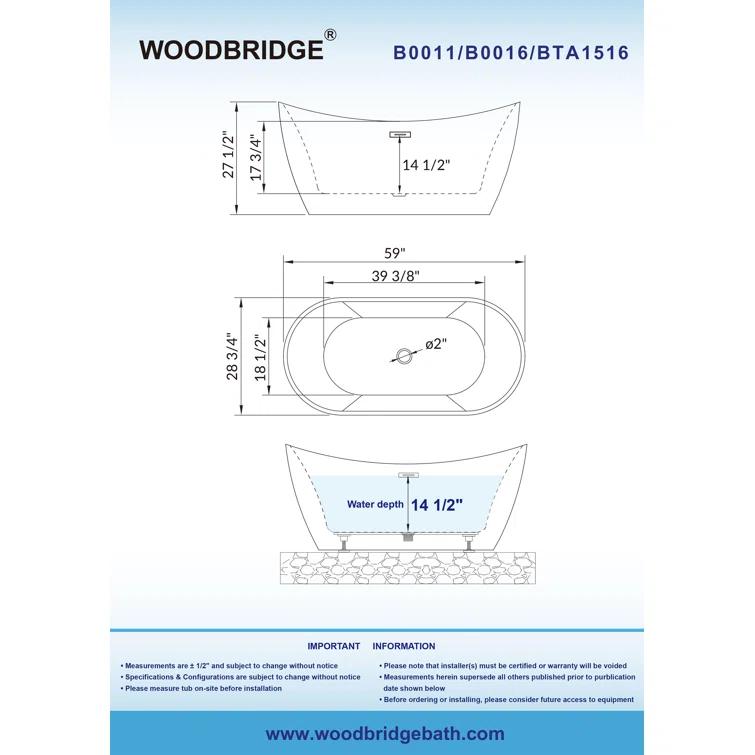 WoodBridge 59'' x 28.75'' Freestanding Soaking Acrylic Bathtub W-B0016-B