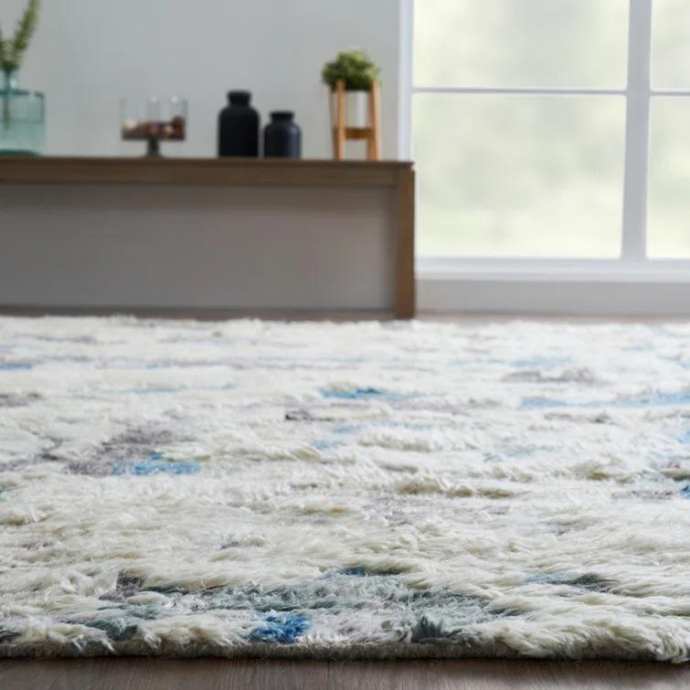 Hand-knotted Blue and Gray Wool Abstract Shag Area Rug