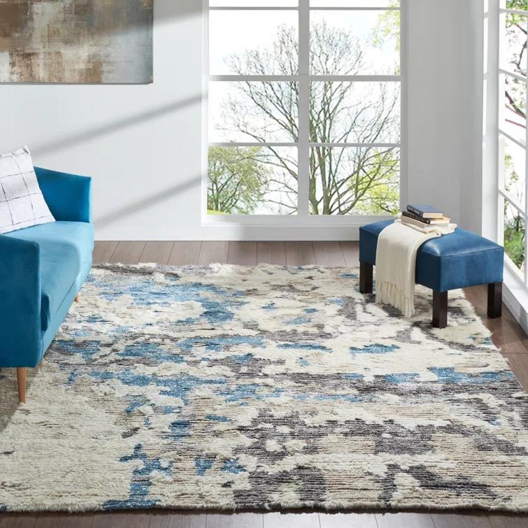 Hand-knotted Blue and Gray Wool Abstract Shag Area Rug
