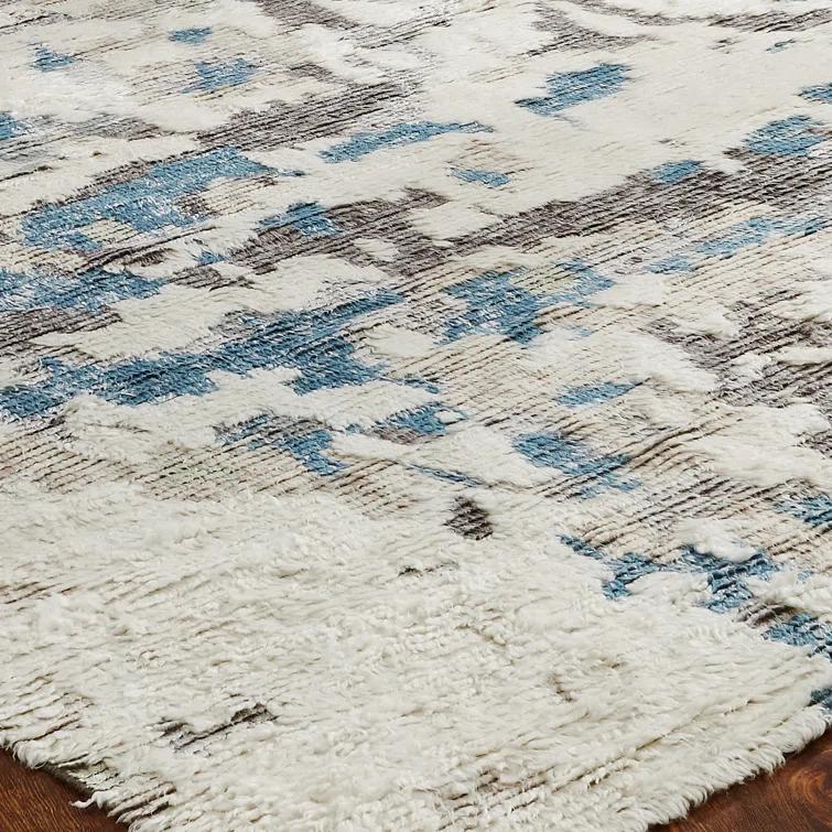 Hand-knotted Blue and Gray Wool Abstract Shag Area Rug