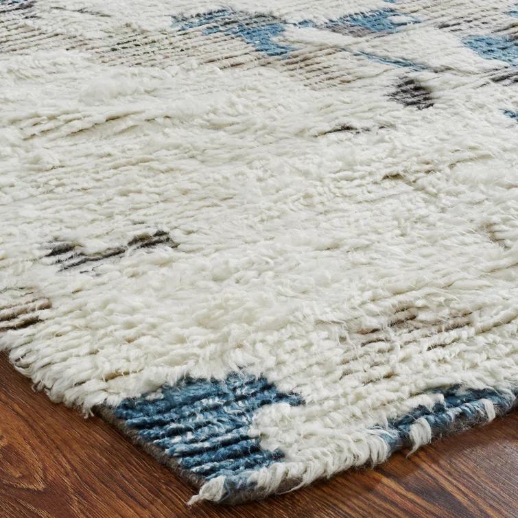Hand-knotted Blue and Gray Wool Abstract Shag Area Rug