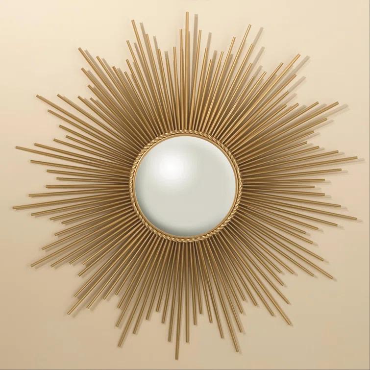Antique Brass Sunburst Round Wood Mirror 39"