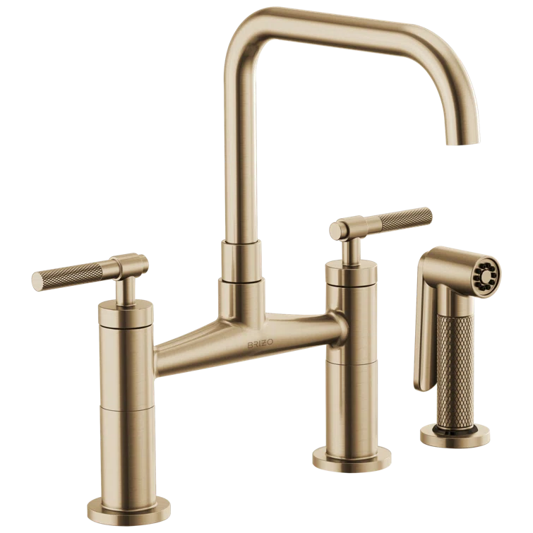 Delta, 62553LF-GL, Litze Double Handle Square Arc Bridge Kitchen Faucet with Knurled Handle, Luxe Gold