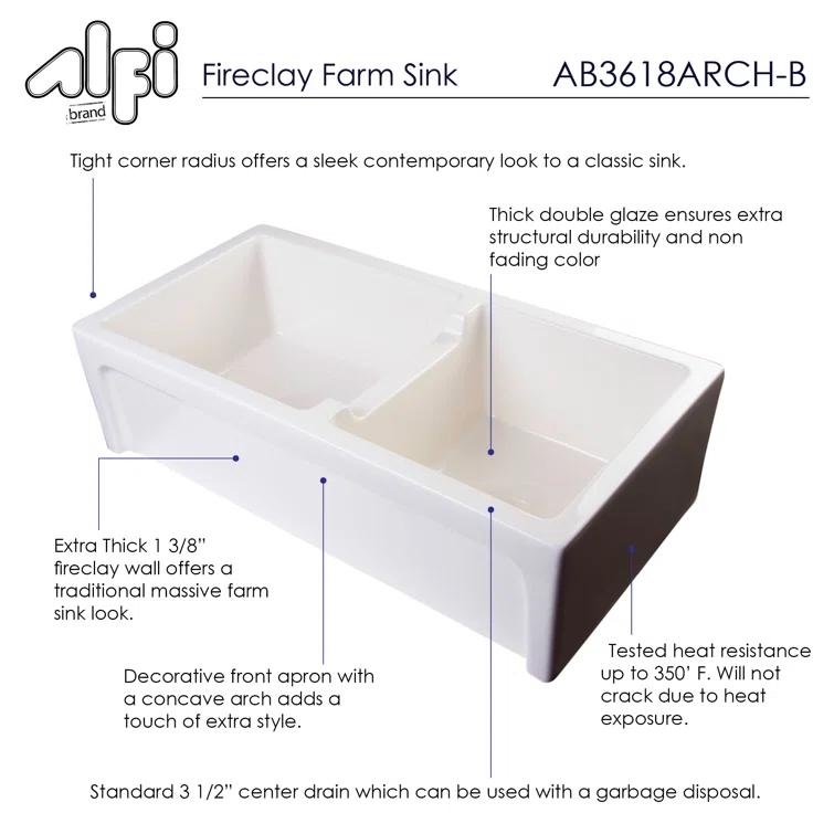 36'' L Farmhouse / Apron Double Bowl Fireclay Kitchen Sink
