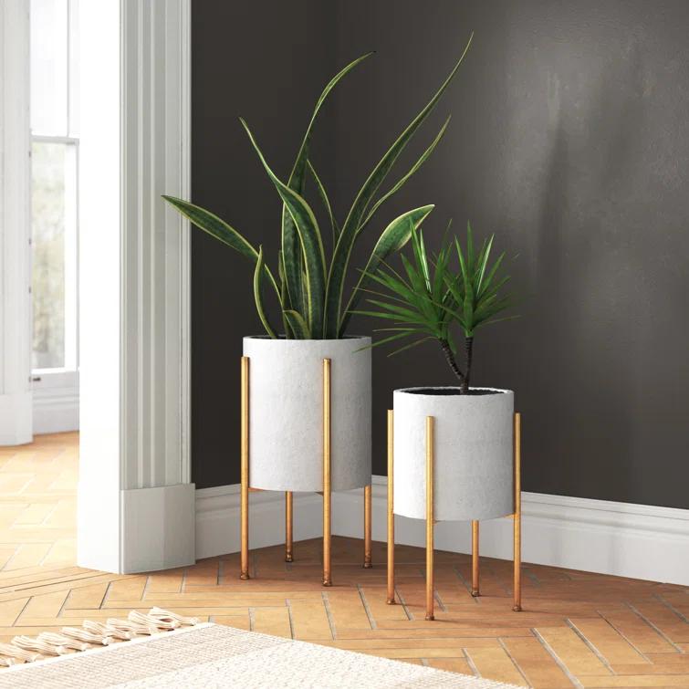 Stacia Round Metal Mid Century Indoor Pot Planter Set