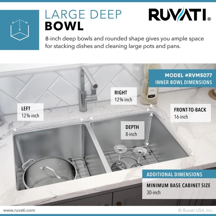 Ruvati RVM5077 Ruvati 28-inch Undermount Kitchen Sink 50/50 Double Bowl 16 Gauge Stainless Steel