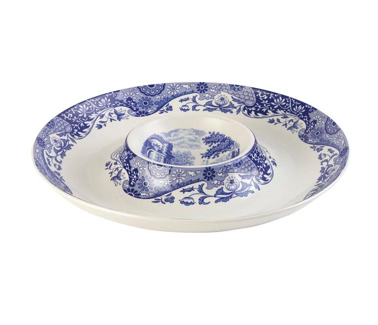 Spode Blue Italian Round Chip & Dip Tray 14.5"- Blue/White