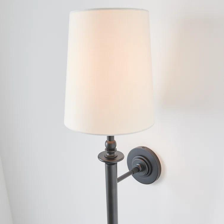 Aged Iron Black Dimmable Wall Sconce with White Linen Shade
