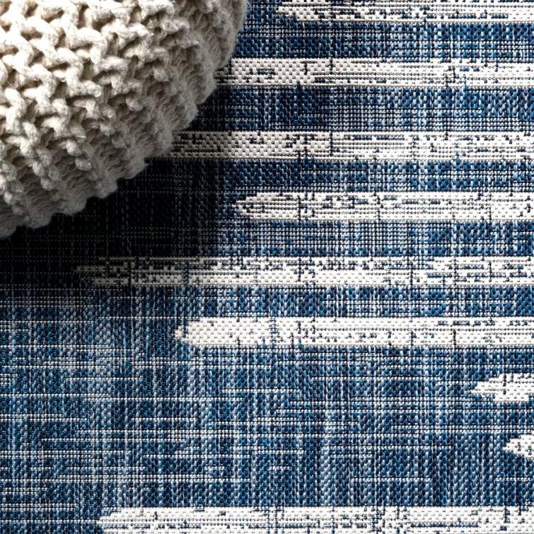 Grundy Berber Stripe Geometric Blue/Ivory Indoor/Outdoor Rug