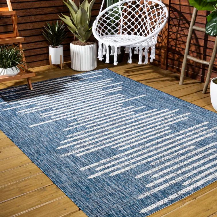 Grundy Berber Stripe Geometric Blue/Ivory Indoor/Outdoor Rug