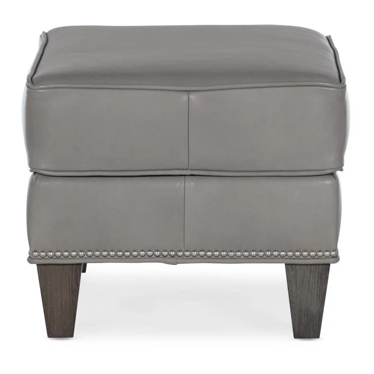 Aline Light Gray Genuine Leather Ottoman with Nickel Nailhead Detail