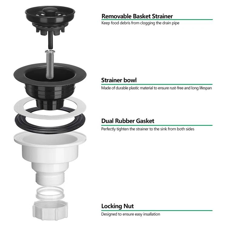 3.5-in Black Sink Strainer Assembly with Stopper for Matching Color of Granite or Fireclay Sinks