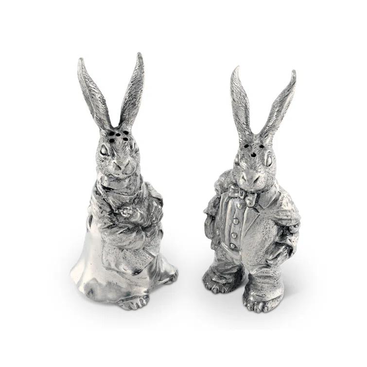 Vagabond House Garden Friends Easter Pewter Dressed Rabbits Salt and Pepper Shakers Set