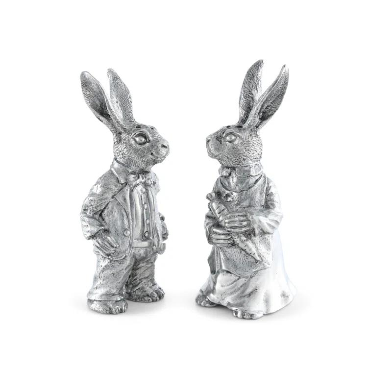 Vagabond House Garden Friends Easter Pewter Dressed Rabbits Salt and Pepper Shakers Set