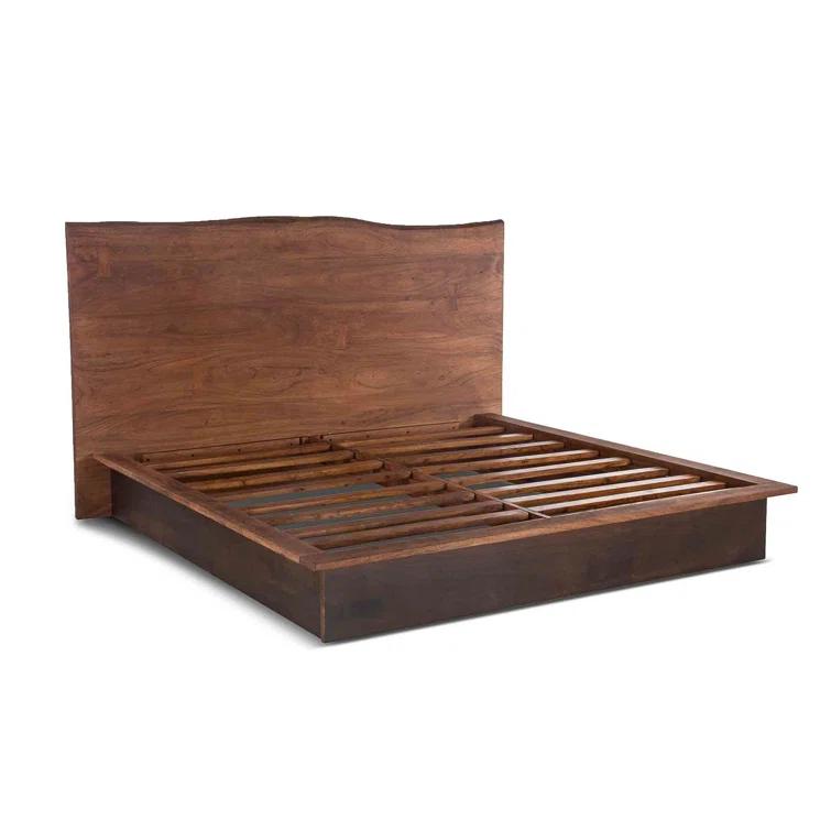 Acacia Wood Queen Bed with Live Edge Headboard in Raw Walnut Finish