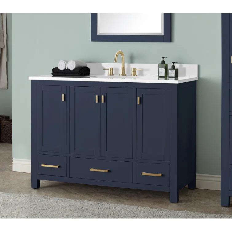 Navy Blue Solid Wood Single Sink Vanity with Stone Top