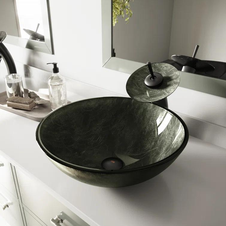 Giovanni Glass 17" L 17" W 6" H Round Vessel Bathroom Sink