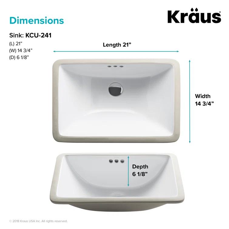 Elavo White Ceramic Rectangular Undermount Bathroom Sink with Overflow