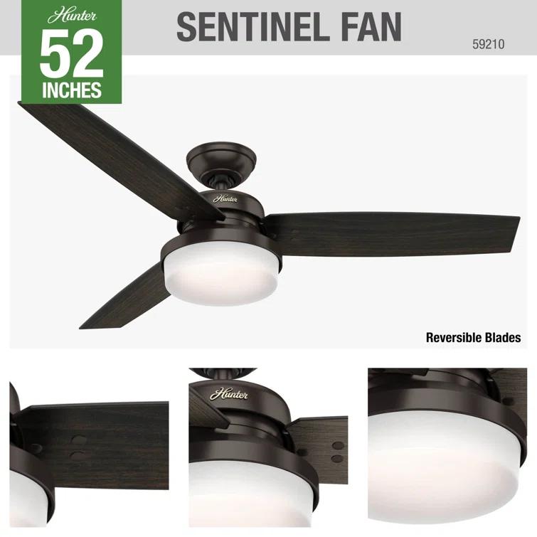Hunter Fan 52" Sentinel 3 -Blade Standard Ceiling Fan with Remote Control and Light Kit Included