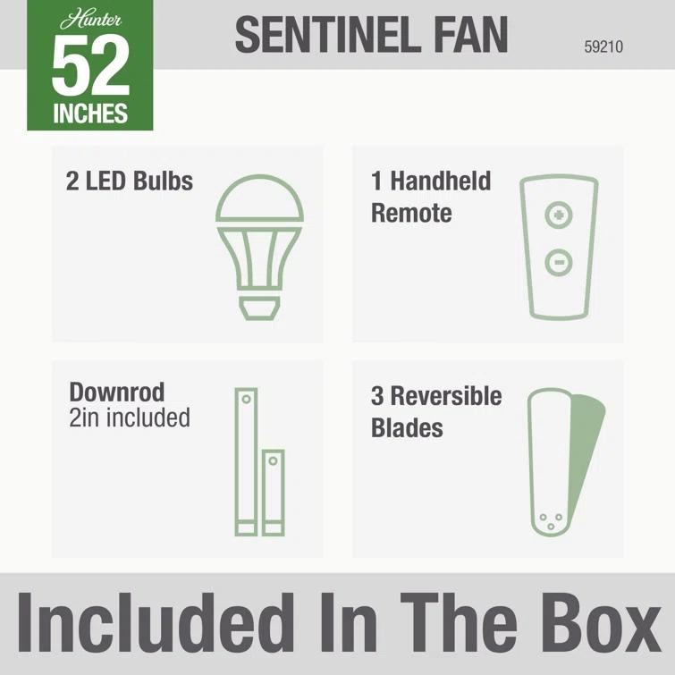Hunter Fan 52" Sentinel 3 -Blade Standard Ceiling Fan with Remote Control and Light Kit Included