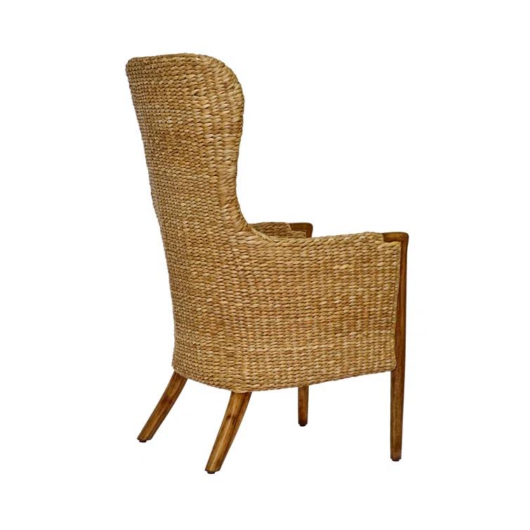 High Back Brown Rattan Arm Chair with Flax Upholstery