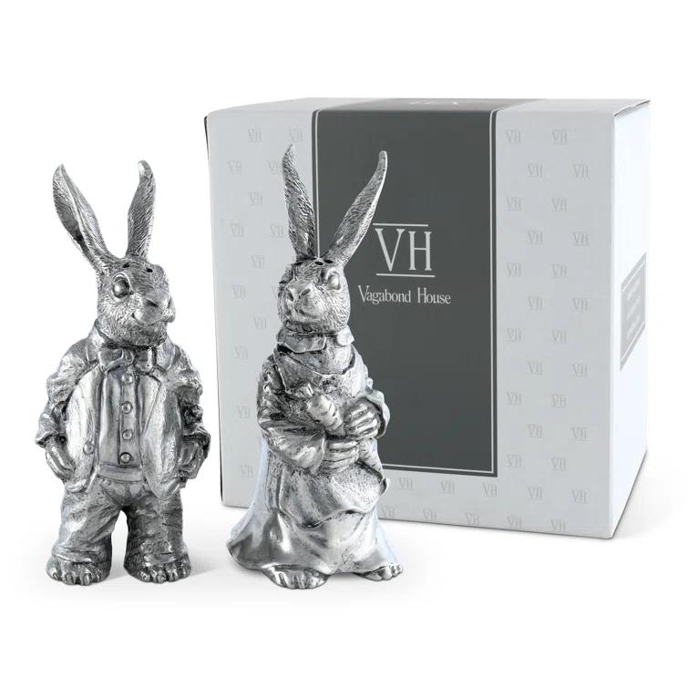 Vagabond House Garden Friends Easter Pewter Dressed Rabbits Salt and Pepper Shakers Set