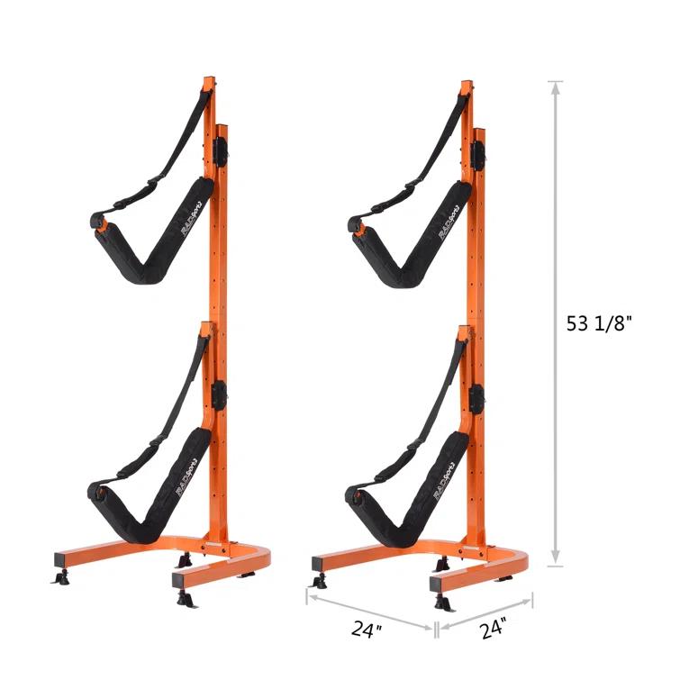 Rad Sportz Kayak Storage Rack - Portable Folding Boat Stands for Garage, Shed, or Dock -Freestanding Kayak Stands with Padded Arms and Adjustable Straps - Holds 2 Canoes, SUP, or Paddleboards, Orange