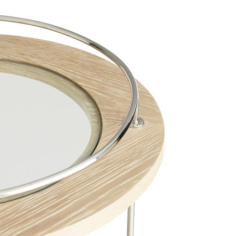 Bleached Wood Oval Bar Cart with Storage and Leather Handle