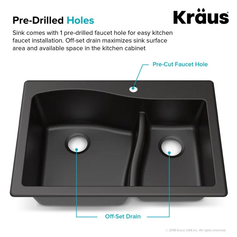 KRAUS Quarza 33-in Dual Mount Double Bowl Granite Kitchen Sink with WasteGuard™ Garbage Disposal
