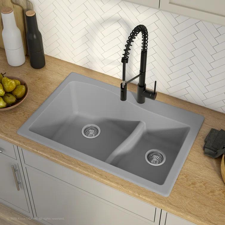 Kraus KRAUS Quarza™ 33" L Dual Mount 60/40 Double Bowl Granite Kitchen Sink and Strainers KGD-442GREY-PST1-GR